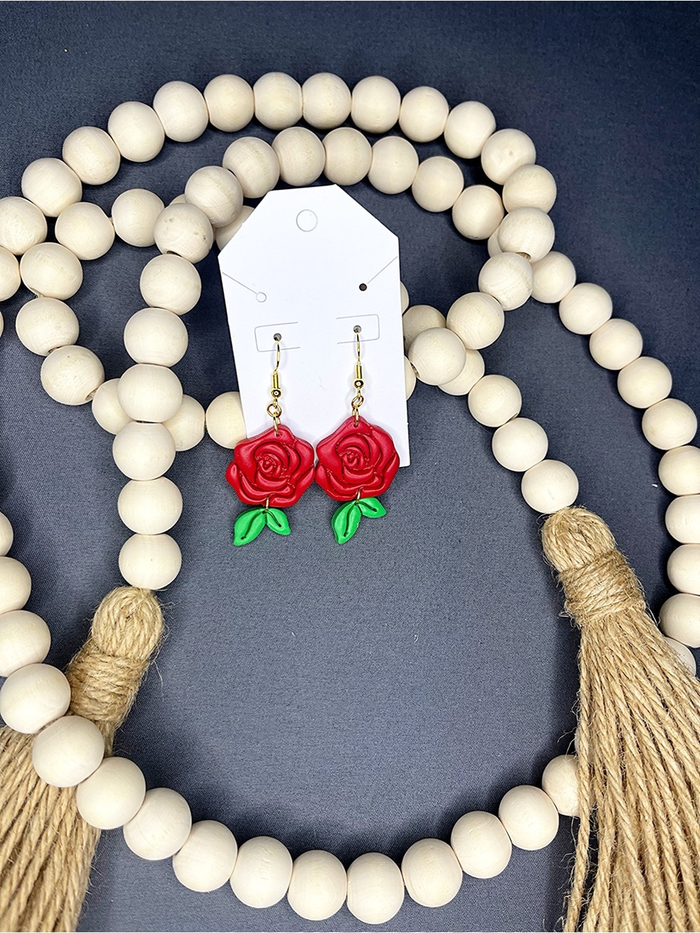 Red Rose Drop Earrings with Green Leaves - Women Jewelry